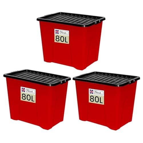 Image of Neat. 80L Storage Boxes with Lids - Red Base & Black Clip Lid Ideal for Home Organisation, Durable, Space-Saving Plastic Box with Lid Storage Solutions Great for Bedroom, Garage & Office Use Pack of 3