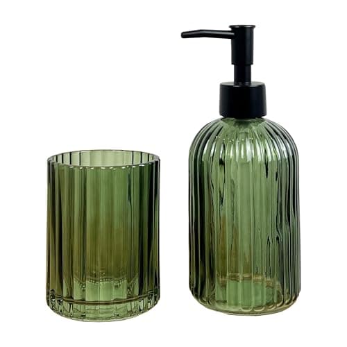 Image of 2 Piece Dark Green Ribbed Glass Bathroom Sink Accessories Set Liquid Soap Lotion Dispenser Tumbler/Toothbrush Holder Cup