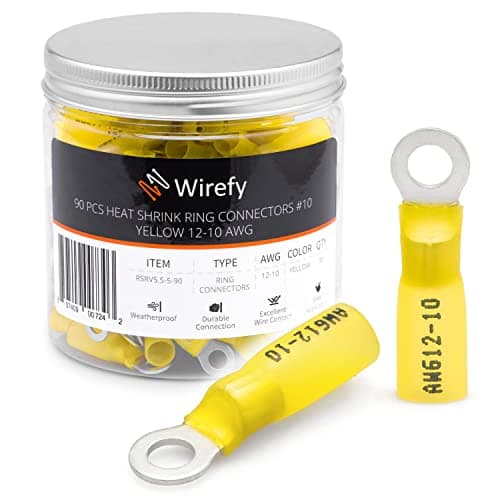 Image of Wirefy Heat Shrink Ring Terminals #10 - Marine Grade Terminal Connectors - Waterproof Eyelet Wire Connectors - Red 10-12 AWG - 90 PCS