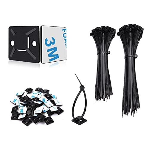 Image of SZXULI 200Pcs Black Cable Ties Set, 100Pcs Nylon Plastic Zip Ties 120mm/150mm and 100Pcs Strong Self Adhesive Wire Clips Mount Base, Desk Cable Management Organiser Kit for Bedroom Office