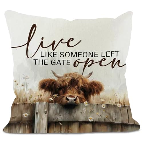 Image of Highland Cow Cushion Covers 45 x 45 CM Scottish Gift for Women Pillow Cover Live Like Someone Left The Gate Open Vintage Animal Outdoor Fence Daisy Throw Pillow Case for Home Livingroom Couch Sofa