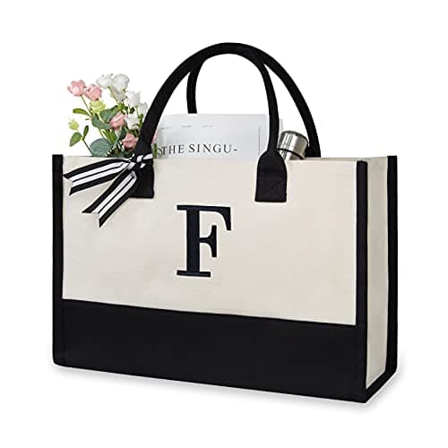 Image of TOPDesign Embroidery Initial Canvas Tote Bag, Personalized Present Bag, Suitable for Wedding, Birthday, Beach, Holiday, is a Great Gift for Women, Mom, Teachers, Friends, Bridesmaids (Letter F)