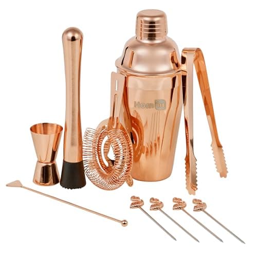 Image of Homiu Cocktail Shaker Set Rose Gold | 10-Piece Stainless Steel Bartender Kit | Cocktail Shaker Recipes Booklet Double Jigger, Ice Tongs, Stirrer, Cocktail Sticks | Drink Mixing, Home, Bar, Party