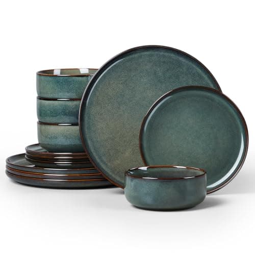 Image of Homikit 12 Piece Dinner Set, Reactive Glaze Kitchen Dinnerware Sets for 4, Elegant Stoneware Included Plates and Bowls, Non-Scratch & Sturdy, Dishwasher & Microwave Safe, Blackish Green
