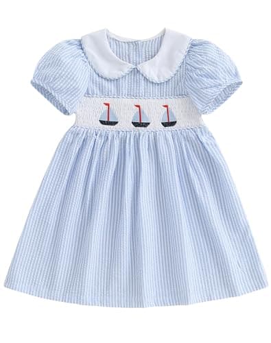 Image of Toddler Baby Girls Summer Dresses Golf/Sailboat Clothes Plaid Smocked Short Sleeve Sundress 6M-7Y (Blue-Sailboat, 18-24 Months)