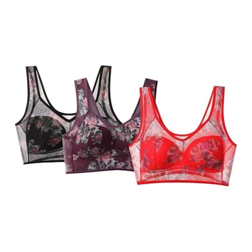 Image of Next Sale.Clearance Womens 3 PC Bras for Women Non Wired Push Up Seamless Bralettes Thin Breathable Sexy Ice Silk Lace Cooling Wireless Underwear Soft Comfort Front Zip Sports Bra Purple XL