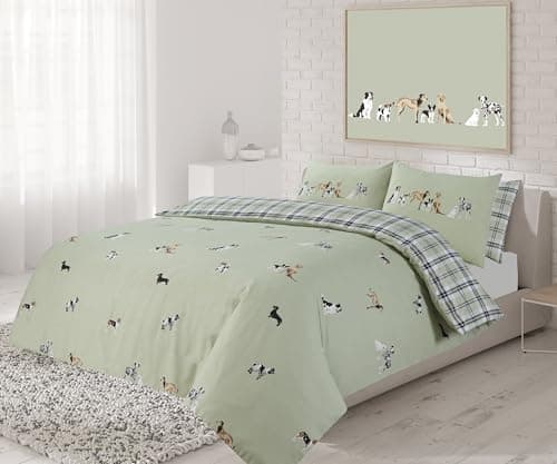 Image of Charlotte Andersen Dog Duvet Cover Double Polycotton Reversible Green White Bedding Set (Green, Double)