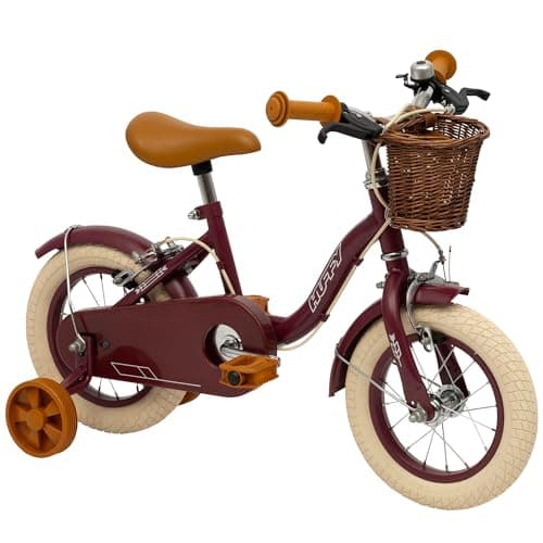 Image of Vintage 12 Inch Childrens Bike, Burgundy Matte Retro Bicycle with Stabilisers, Adjustable Seat, Dual Hand Brakes, Classic Cruiser Style for Ages 3 to 5