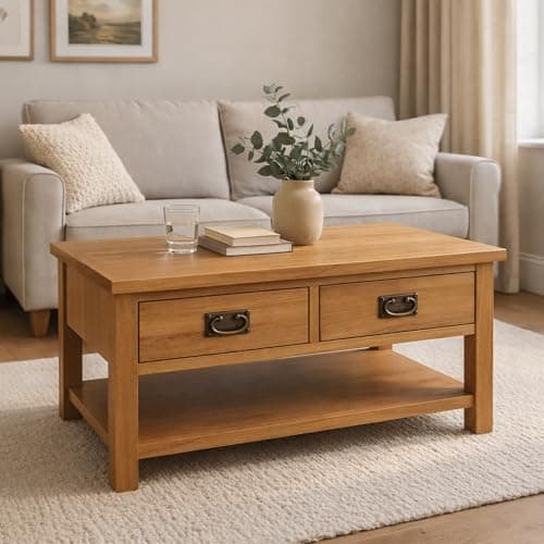 Image of Home Furniture Group Ltd Oakcroft Coffee Table – Rustic 2 Drawer Solid Wood Living Room Table with Shelf – Fully Assembled