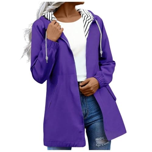 Image of Purple Rain Coats For Women Lightweight Waterproof Jacket With Hood Plus Size Raincoat Striped Jacket Hooded Trench Coat Softshell Jackets Waterproof Coats Long Raincoat Windproof Overcoat 3Xl