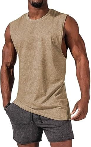 Image of Runcati Men's Sleeveless Tank Tops Crewneck Solid Loose Fit Shirt Khaki L