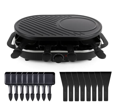 Image of Raclette Set for 8 People, Table Barbecue with Frying Pans and Scraper, Non-Stick Stone Baking Tray and Plate Rectangular (Round)