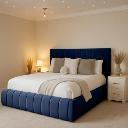 Image of 6FT Super King Ottoman Storage Solid Divan Base Bed With Headboard Upholstered In Plush Velvet Navy Blue Bed End Lift - No Mattress (Navy Blue, 6FT Super King With Storage - No Mattress)