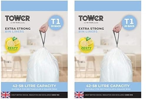 Image of Tower T878000 42-58L Lemon Scented Heavy Duty Drawstring Bin Liners, 40 Pack, White
