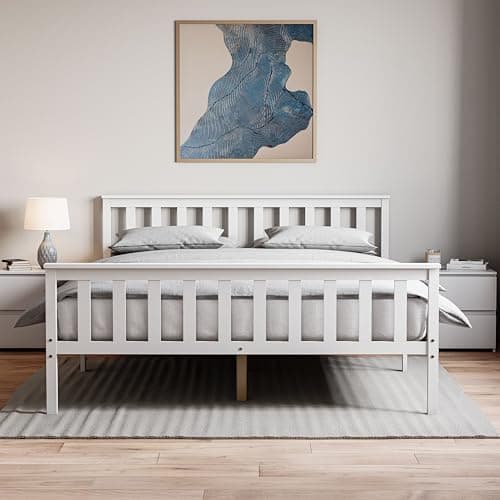 Image of Vida Designs Milan King Size Bed, Bed Frame, Solid Pine Wood, Headboard, High Foot End Bedroom Furniture, White, 5ft…