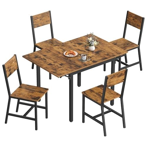 Image of VASAGLE Extendable Dining Table with 4 Chairs, Dining Set, for Living Room, Kitchen, Steel Frame, Easy Assembly, Rustic Brown and Ink Black ZH2504042