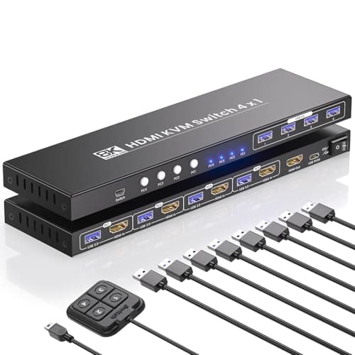 Image of 4 Port HDMI KVM Switch 1 Monitor 4 Computers, 8K60Hz 4K120Hz USB 3.0 KVM Switch, Control 4 PCs with 1 Monitor, Keyboard and Mouse