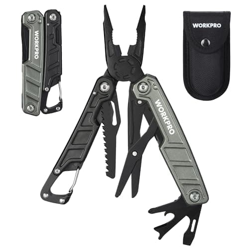 Image of WORKPRO 11-in-1 Multi-Tool Pliers with Carabiner and Sheath, Stainless Steel Multi Tool with Carrying Bag, Scissors, Bottle Opener, Saw, Screwdriver, Carabiner for Camping