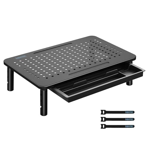 Image of BONTEC Monitor Stand with Drawer, 3 Height Adjustable Monitor Riser for Desk, Mesh Platform for Laptop, Computer, iMac, Printer up to 20KG, Desk Organizer with Cable Ties Included