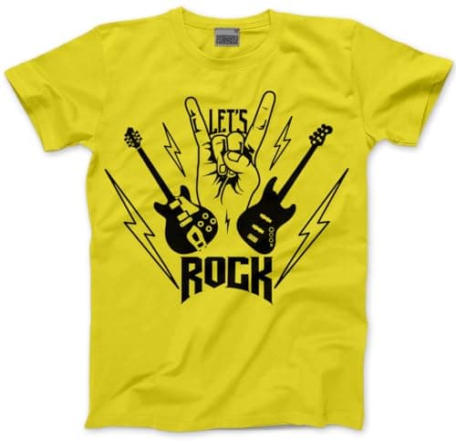 Image of Rockstar Tshirt - Let's Rock! Guitar Band Adults, Teens and Kids T-Shirt Rock Star Day Top Rock N Roll Unisex School Tee - 9-11 Years Yellow