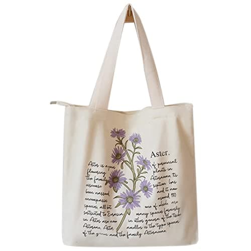Image of Jiamusi Floral Canvas Tote Bag Botanical Shopping Bag Aesthetic Flower Tote Bag Canvas Grocery Bag for Women Girl Trendy School Tote