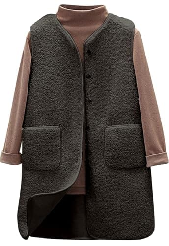 Image of Joligiao Fleece Gilet for Women UK Long Teddy Gilet Sleeveless Jacket with Pockets V Neck Women's Gilets Button Down Vest Fluffy Waistcoat Jacket Casual Outerwear Waistcoat Cozy Soft Sleeveless Coats