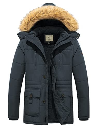 Image of WenVen Men's Thickened Long Sleeve Jacket Warm Cotton Quilted Coat Insulated Fleece Lining Jackets Hooded Windproof Coat Grey XL