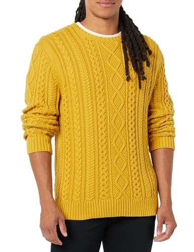 Image of Amazon Essentials Men's Long-Sleeve 100% Cotton Fisherman Cable Crewneck Jumper, Mustard Yellow, XS