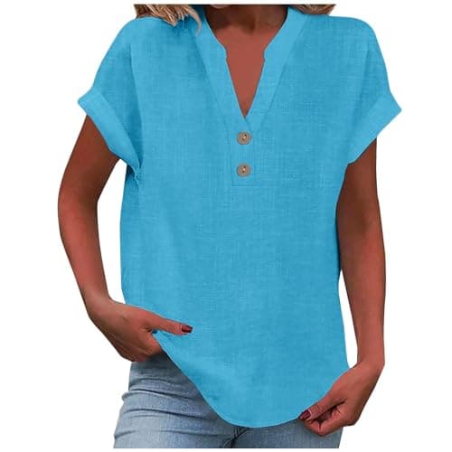 Image of Blouses for Women UK Basic Cotton Linen Short Sleeve Tees Short Sleeve Tops for Women Ladies Pink Shirt Gym Sport Workout 2025 Fashion Y2K Clothes Plus Size
