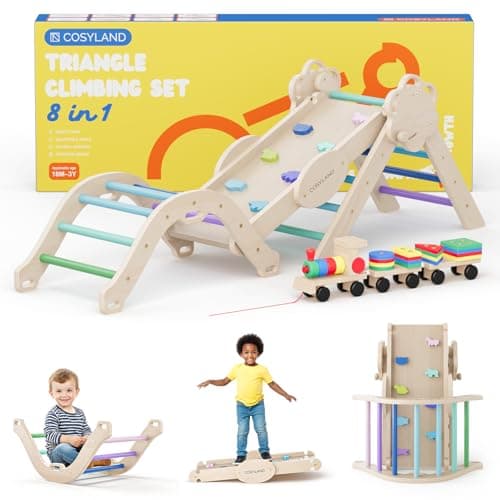 Image of COSYLAND Indoor Climbing Frame for Toddlers – Wooden Triangle Toys with Ladder, Climbing Arch, Balance Board Climbing Toys for Kids Ages 1 - 3 (Cold Shades,M)