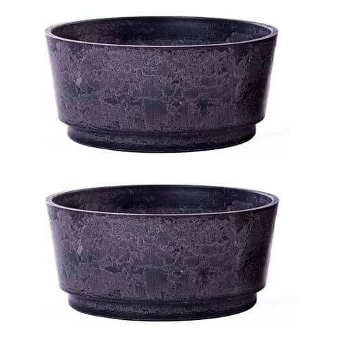 Image of Caesar Marble Effect Charcoal Bowl Planter Durable UV Frost Resistant Lightweight Indoor Outdoor Pot with Realistic Marble Finish Recycled Plastic Garden Decoration (34.5cm Planter x2)
