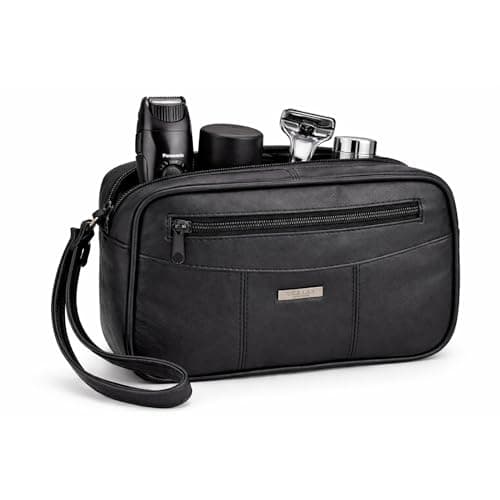 Image of Woodland Leathers Mens Wash Bag, Small Compact Sheep Nappa Toiletry Bag with Top & Back Zips, Travel Small Washbag for Men Fit in Your Carry-on (Black Leather)