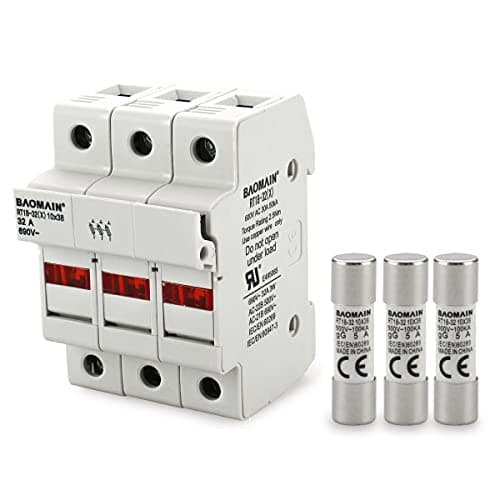 Image of Baomain RT18-32 Fuse Holder Base with 20x5A Ceramic Fuses (10x38mm) – 3 Pole DIN Rail Mount, LED Indicator, CE Certified (5 Amp)