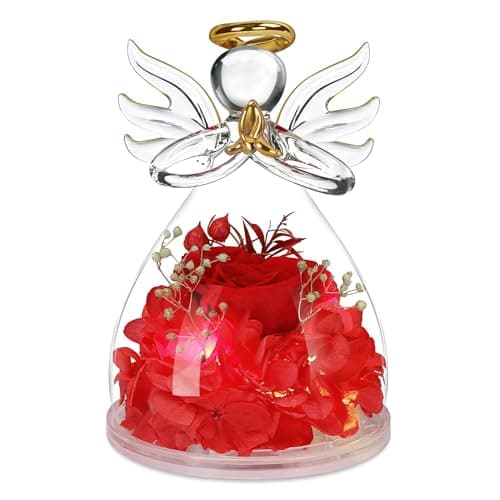 Image of Valentines Day Gifts for Women, Red Rose Flower in Glass Angel Figurines with Light, Birthday Gifts for Women, Rose Flowers Angels Gifts for Women Mom, Roses Gifts for Friends Anniversary Birthday