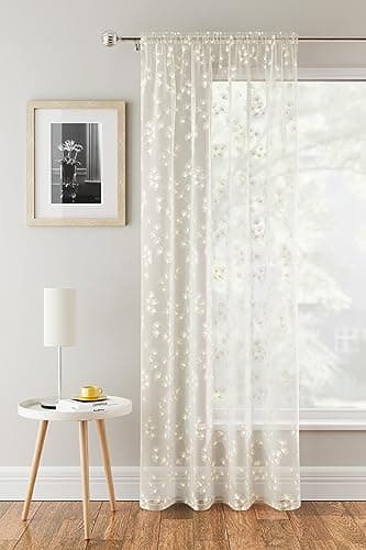 Image of Tyrone Textiles Delila Cream Floral Voile Net Curtain Panel - 55 x 90 Inch (140 x 229cm) - Sheer Semi Transparent Slot Top/Rod Pocket Privacy Drapes