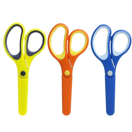 Image of Children's Safety Scissors Set of 3 - Round Blades, Protective Caps, Ergonomic Handle, 13 cm, Ideal for School and Crafts, Craft Scissors, Colours: Blue, Pink, Red