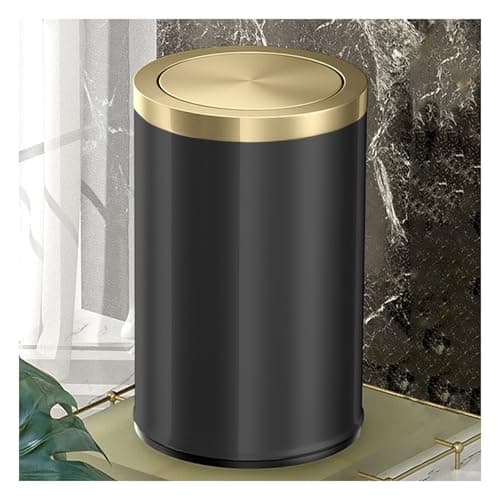 Image of JTWWDM 9L Luxury Swing-Top Trash Can, Modern Black Stainless Steel Garbage Bin with Gold/Silver Lid, Minimalist Waste Basket for Bathroom Bedroom & Office,Gold