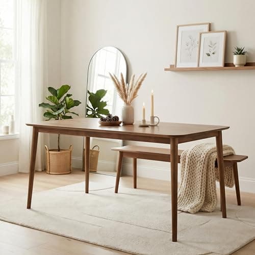 Image of Furniturebox UK 6 Seat Solid Wood Dining Table - Lynton Dark Large Walnut Stain Modern Farmhouse Furniture - Retro Solid Rubberwood Design