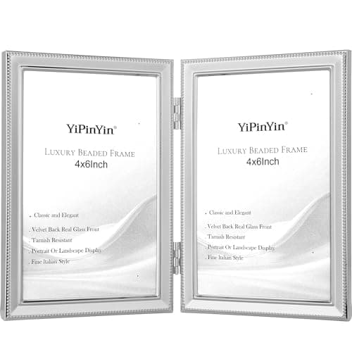 Image of Elegant Silver Plated 4x6'' Double Picture Frame, 6x4'' Metal Beaded Frame with Real Glass & Velvet Backing,Hi End Classy Silver Double Frame 6x4'' for Desktop and wall hanging