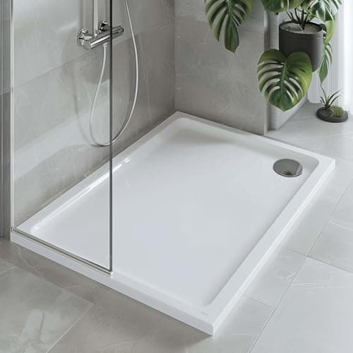 Image of Go Bathrooms Shower Tray 1000 x 800mm White Rectangle Shower Tray 40mm Low Profile Enclosure Stone Resin Acrylic Capped Cubicle Tray