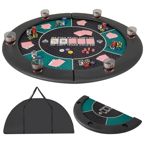 Image of GYMAX 48 Inches Foldable Round Poker Table Top With Cup Holders, Padded Rails & Carrying Bag - 8-Player Texas Hold'em Mat Layout for Party Casino