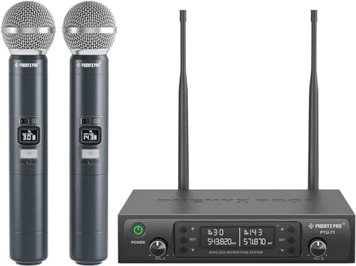 Image of Phenyx Pro Wireless Microphone System, Dual Wireless Mics w/ 2 Handhelds, Auto Scan, 2x100 UHF Frequencies, 328 ft Range, Dynamic Microphone for Singing, Karaoke, Church (PTU-71-2H)