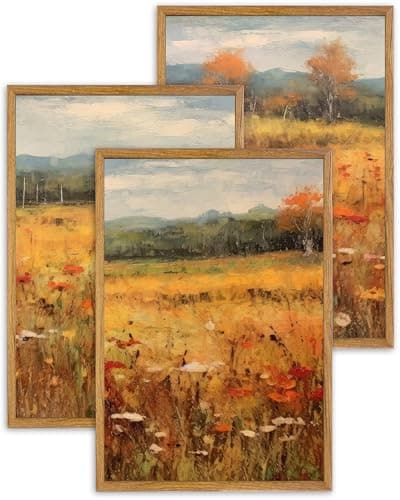Image of UPWOIGH Large Framed Wall Art, Set of 3 Rustic Autumn Botanical Prints, 16x24in(40x60CM) Natural Cotton Canvas with Golden Leaves, Fall Farmhouse Decor for Living Room, Bedroom, Office, Gift Idea