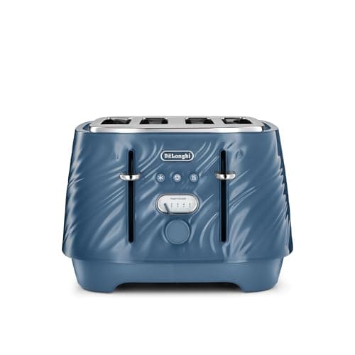Image of De'Longhi Ballerina Seta - 4 Slice Toaster, Wide Slot Toaster with Independent Controls, Defrost & Reheat Functions, Extra Lift, Removable Crumb Trays, 1800W, Silk Blue (CTDS4003.BL)