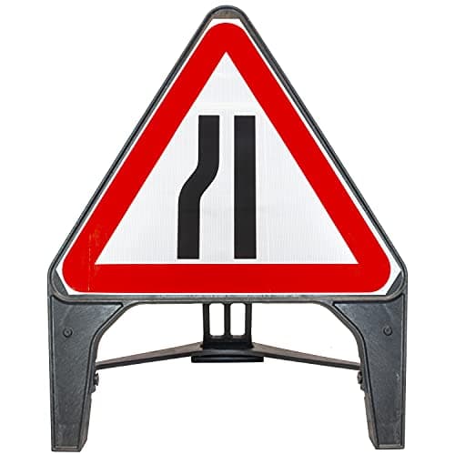 Image of Road Narrows Left 750mm Triangle Road Sign 517 - Plastic Temporary Road Street Traffic Safety Sign for Road and Street Works - Freestanding with Reflective Sign Face