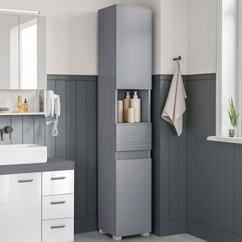 Image of VASAGLE Tall Bathroom Cabinet, Slim Storage Cabinet, Narrow Cupboard, Bathroom Storage Unit, with a Drawer, Adjustable Shelves, 30 x 30 x 170 cm, Mystic Grey BBC560P36