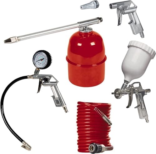 Image of Einhell Metal Air Tool Accessory Set | 5 Pc Compressor Air Tools with Quick Coupling - Airbrush Kit, Spray Gun, Blow-Out Gun, 4M Compressed Air Hose, Tyre Pressure Gauge and Inflator