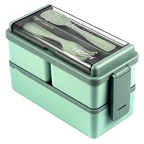 Image of Lychico Lunch Box, 1400ml Bento Box with Spoon Fork, Stackable 2 Layer 3 Compartments Leak Proof Japanese Lunch Box, Meal Prep Container Box for Adults Kids Students Office Microwave Dishwasher Safe