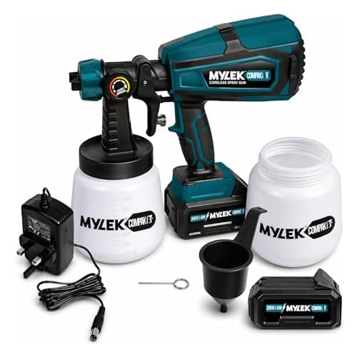 Image of MYLEK COMPAKT Cordless Paint Sprayer 2x 20V 2000mAh Batteries, HVLP Electric Spray Gun with 2x 1000ml Cups, 3 Nozzles (1.0/2.0/2.5mm), Adjustable Flow, for Fences, Walls, Furniture, DIY Painting