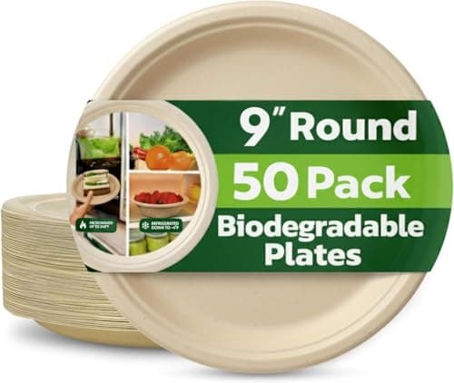 Image of Strong Paper Plates (9inch - 50 Pack) – 100% Compostable Disposable Plates – Heavy Duty Natural Sugarcane Eco-Friendly Biodegradable Plastic Free Bagasse Party Plate – Microwave & Freezer Safe